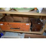 SMALL COPPER OVEN OR STERILISER OF SQUARE FORM, TOGETHER WITH A SCHWEPPES WOODEN BOTTLE CRATE