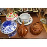 CONTINENTAL KITCHEN STORAGE JARS, CHAMBER POT, PORTMEIRION CASSEROLE DISH, EGG CROCK ETC