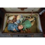 LEATHER CASE CONTAINING VARIOUS MIXED MAINLY CELLULOID DOLLS, VERY PLAY WORN CONDITION, PLUS