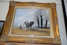 JAMES J ALLEN, STUDY OF HEAVY HORSES PLOUGHING, OIL ON CANVAS, GILT FRAMED