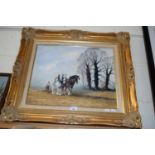 JAMES J ALLEN, STUDY OF HEAVY HORSES PLOUGHING, OIL ON CANVAS, GILT FRAMED