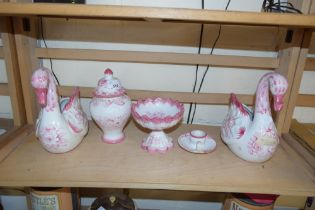 QUANTITY OF PORTUGUESE POTTERY ITEMS TO INCLUDE SWANS, VASES ETC