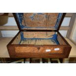 19TH CENTURY HARDWOOD BOX OF HINGED RECTANGULAR FORM, THE LID INLAID WITH DECORATION OF BIRDS ON A
