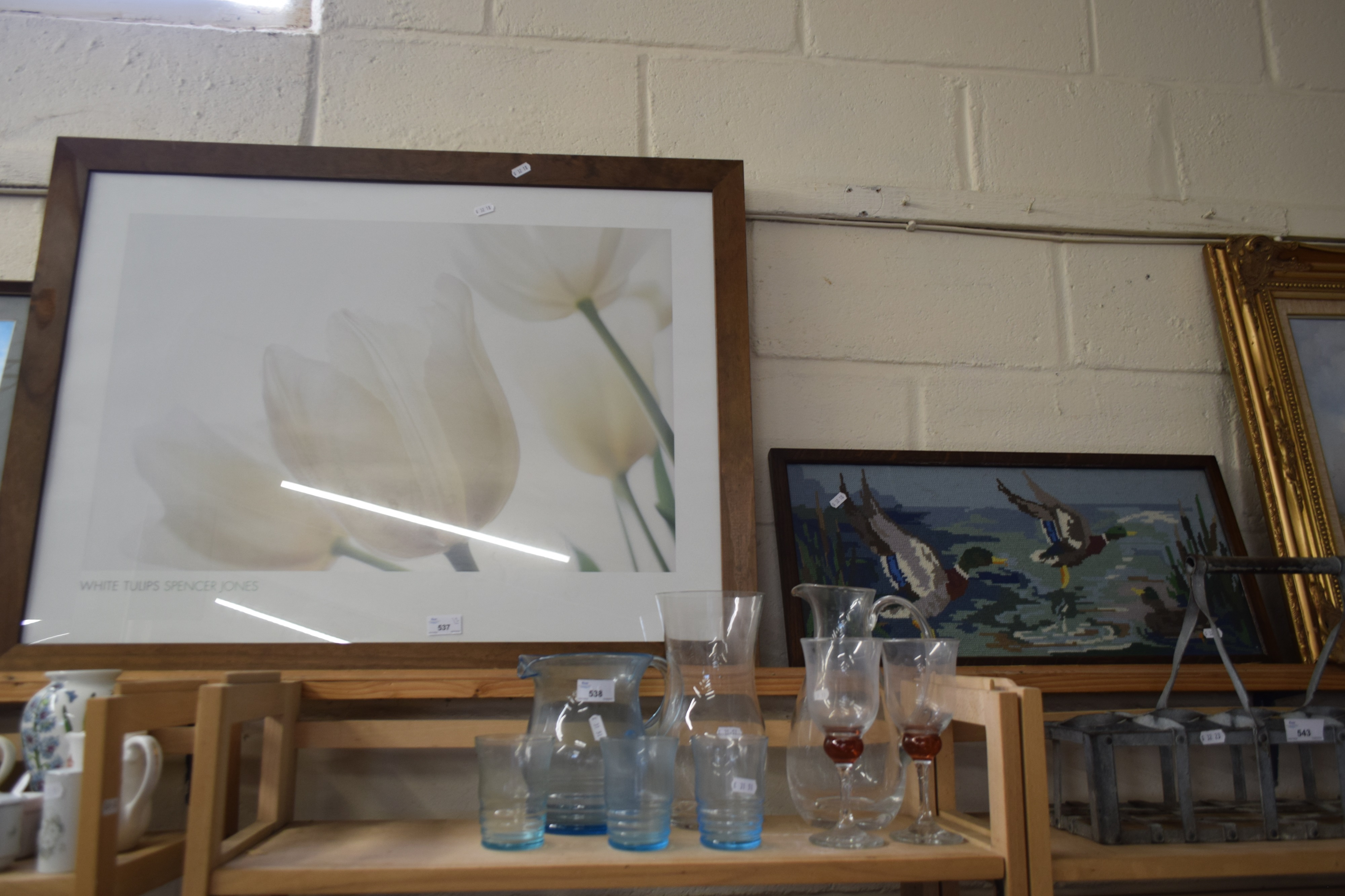 SPENCER JONES, 'WHITE TULIPS', COLOURED PRINT, TOGETHER WITH A NEEDLEWORK PICTURE OF DUCKS - Image 4 of 6