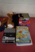 MIXED LOT OF SOFT TOYS, RUPERT ANNUALS, VINTAGE AUDIO RECORDER AND OTHER BOOKS, BOXED TITANIC