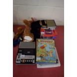 MIXED LOT OF SOFT TOYS, RUPERT ANNUALS, VINTAGE AUDIO RECORDER AND OTHER BOOKS, BOXED TITANIC