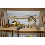 VARIOUS MIXED BRASS WARES, KETTLE, FIRE BELLOWS, PLUS A FURTHER 20P SAVING TUBE