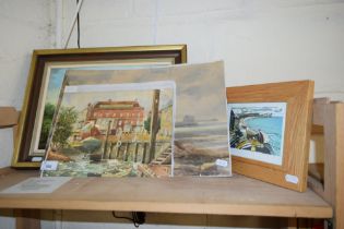 MIXED PICTURES TO INCLUDE COLIN MOORE, LINOCUT BEACH SCENE, FURTHER WATERCOLOURS AND AN OIL OF A