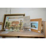 MIXED PICTURES TO INCLUDE COLIN MOORE, LINOCUT BEACH SCENE, FURTHER WATERCOLOURS AND AN OIL OF A