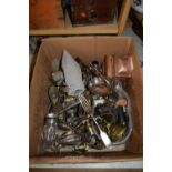 LARGE BOX OF MIXED SILVER PLATED WARES AND OTHER ITEMS