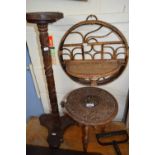 VINTAGE BAMBOO WALL SHELF, SMALL CARVED TABLE AND HARDWOOD PLANT STAND (3)