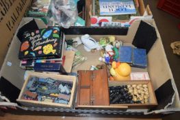 BOX OF MIXED ITEMS TO INCLUDE WOODEN CHESS SET, MINIATURE DIE-CAST RAILWAY ITEMS ETC