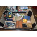 BOX OF MIXED ITEMS TO INCLUDE WOODEN CHESS SET, MINIATURE DIE-CAST RAILWAY ITEMS ETC