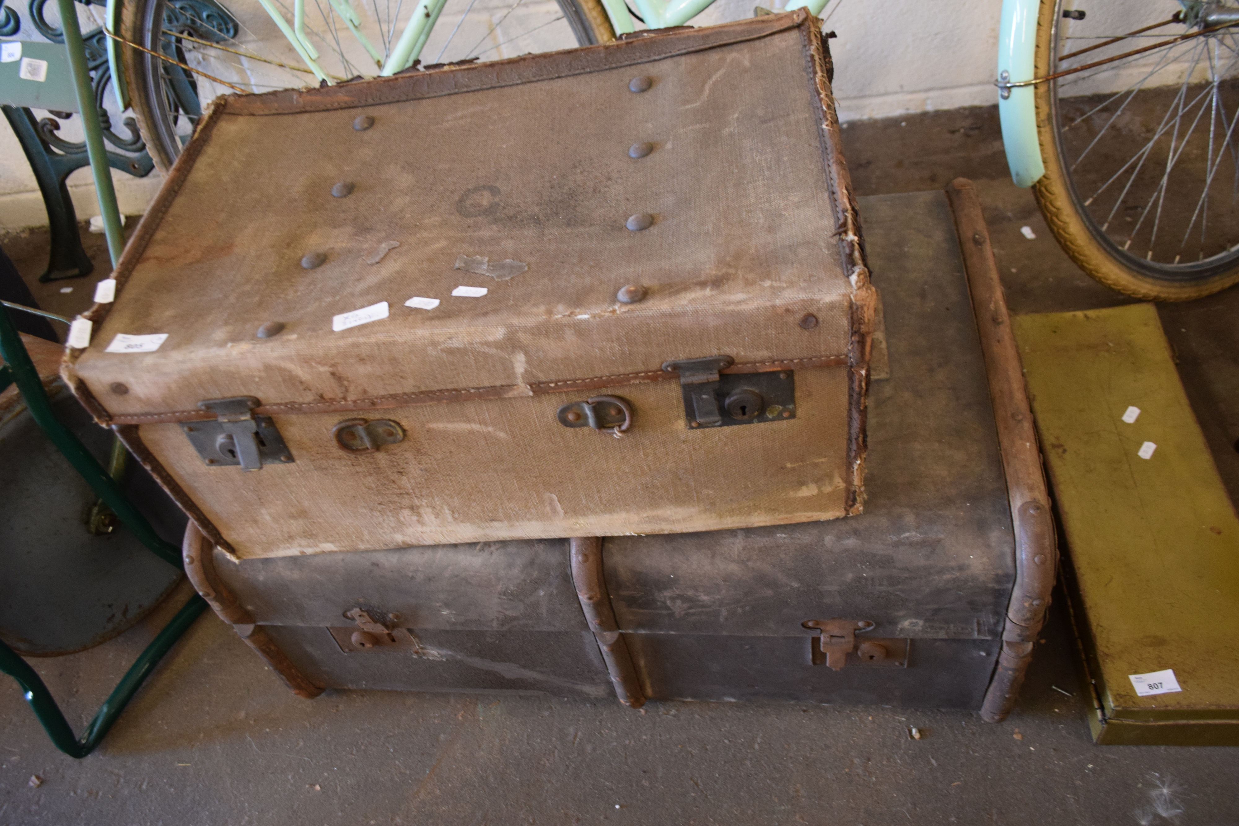 COLLECTION OF FOUR VINTAGE TRUNKS AND CASES TO INCLUDE EXAMPLE MARKED 'DICKINS & JONES, REGENT ST,
