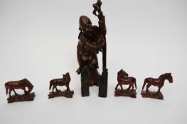 Chinese carved wooden figure of Shou Lai, together with further carved wooden figures of deities and