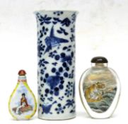 Chinese porcelain cylindrical vase with floral decoration and a bird in branch (a/f), together