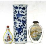 Chinese porcelain cylindrical vase with floral decoration and a bird in branch (a/f), together