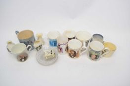 Quantity of commemorative mugs and tin matchbox holder with figure of Winston Churchill