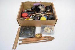 Box containing quantity of items including thimbles, Art Nouveau metal box for hairpins,