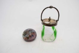 Glass paperweight and further Loetz style jar with silver plated mount and handle (2)