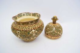 Hungarian Zsolnay Pecs vase and cover with typical reticulated decoration in green and gilt