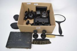 Box containing quantity of Bakelite and wooden items, hair brush, small box and cover etc