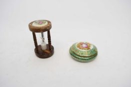 Small Limoges porcelain box and cover together with a egg timer with inlaid porcelain panels (2)