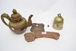 Group of Chinese implements including a tea pot and brass year planner