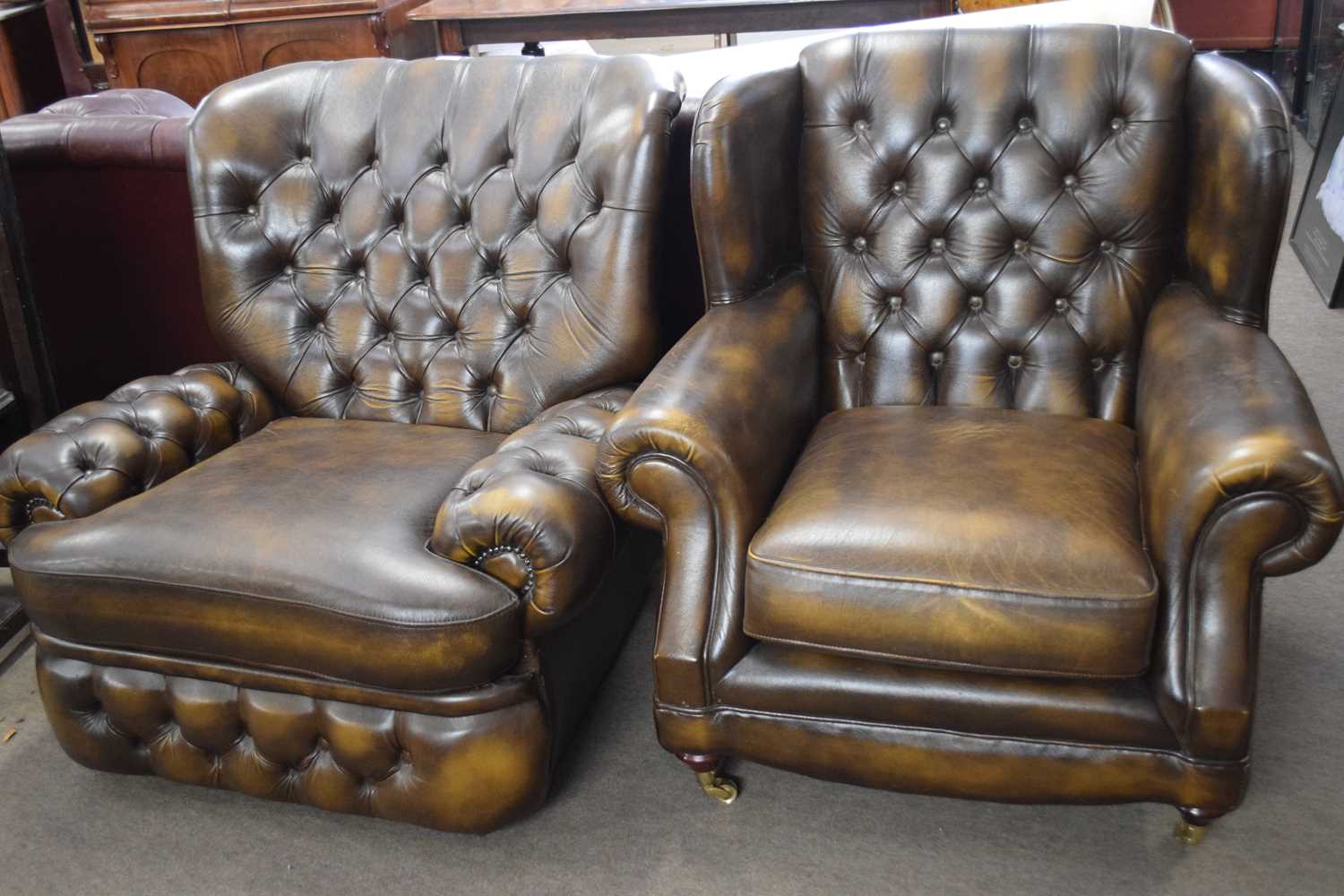 A Thomas Lloyd brown Chesterfield style leather armchair and another similar, 90cm wide - Image 2 of 2