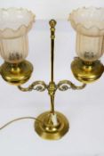 Victorian brass two-section oil lamp with adjustable bracket and two glass shades with floral