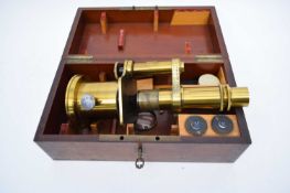 19th century lacquered brass microscope with monocular sight, signed 'Nachet Optician, Rue