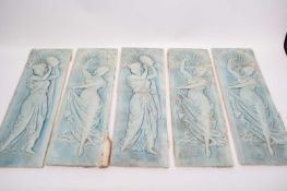 Five Minton & Hollins tiles, all decorated with female musicians, each tile 46cm x 16cm (one tile