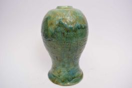 Pottery vase of inverted baluster shape with mottled green glaze (vendor believes possibly Chinese),