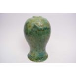 Pottery vase of inverted baluster shape with mottled green glaze (vendor believes possibly Chinese),