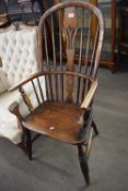19th century elm and ash Windsor chair with hooped stick back and turned legs with single 'H'