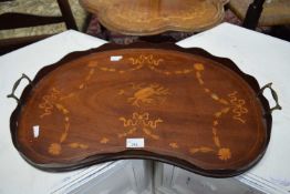 Edwardian mahogany and inlaid kidney shaped serving tray with brass carry handles, 60cm wide