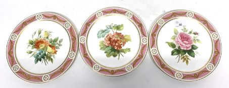 Quantity of 19th century plates, all painted with roses to centre in Minton style, within pink