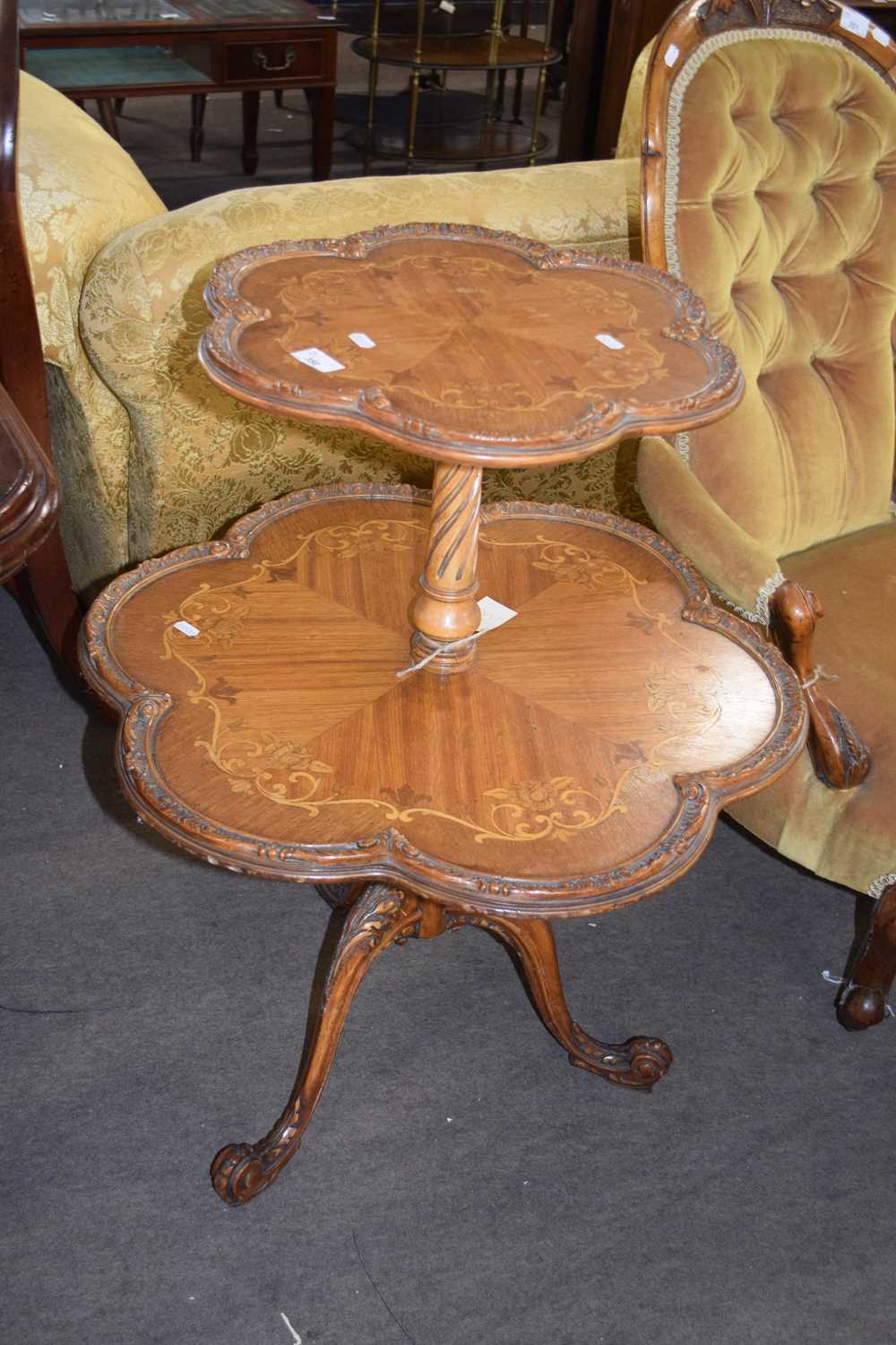 Victorian walnut and marquetry inlaid two-tier table or dumb waiter, raised on a tripod base, 83cm
