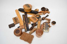 Box containing quantity of treen items, some with pokerwork and other decoration including a