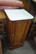 Victorian mahogany and marble topped bedside cabinet with single panelled door, 38cm wide