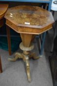 Victorian walnut veneered octagonal trumpet work table with hinged lid opening to a fitted interior,