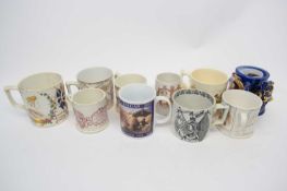 Quantity of commemorative mugs, mainly Victorian examples, some showing sports and Royal castles