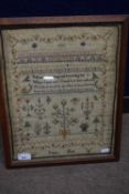19th century needlework sampler with fine stitch decorated with rows of alphabet, numbers and