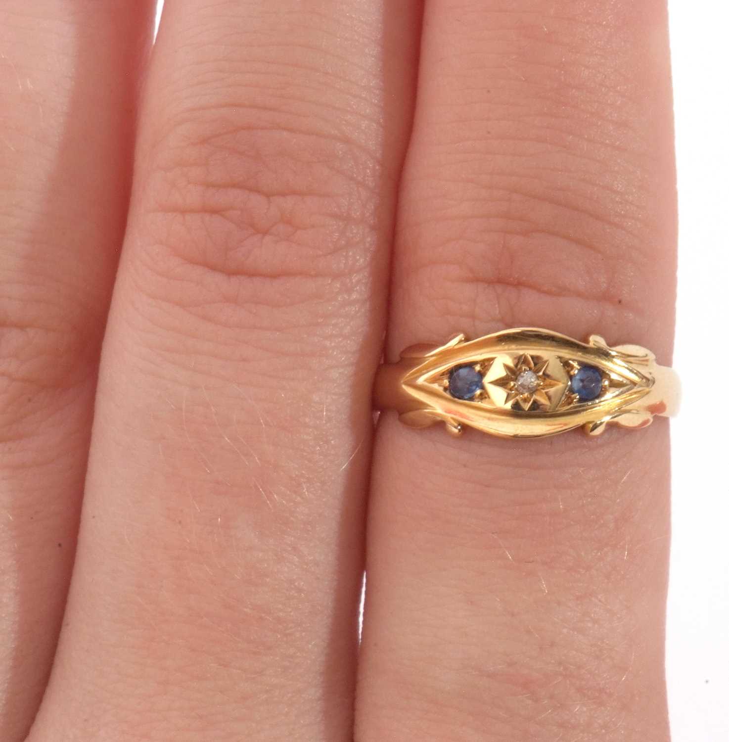 Antique 18ct gold sapphire and diamond ring, the small old cut diamond set between two small round - Image 9 of 9