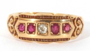 18ct gold ruby and diamond five stone ring centring an old cut diamond and four small graduated