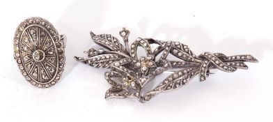 Mixed Lot: vintage marcasite spray brooch, stamped 'silver' together with a white metal oval panel