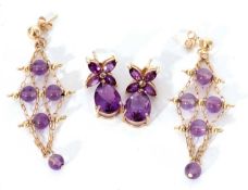 Two pairs of modern amethyst drop earrings, stamped 10k and 14k