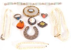 Mixed lot to include an antique chalcedony vintage gilt metal brooch, a modern celadon jade panel
