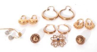 Mixed Lot: four pairs of 9ct gold hoop earrings, one pair of shield 9ct gold earrings, a pair of 9ct