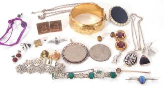 Mixed Lot to include a large rolled gold hinged bracelet, a modern Blue John pendant in a 925